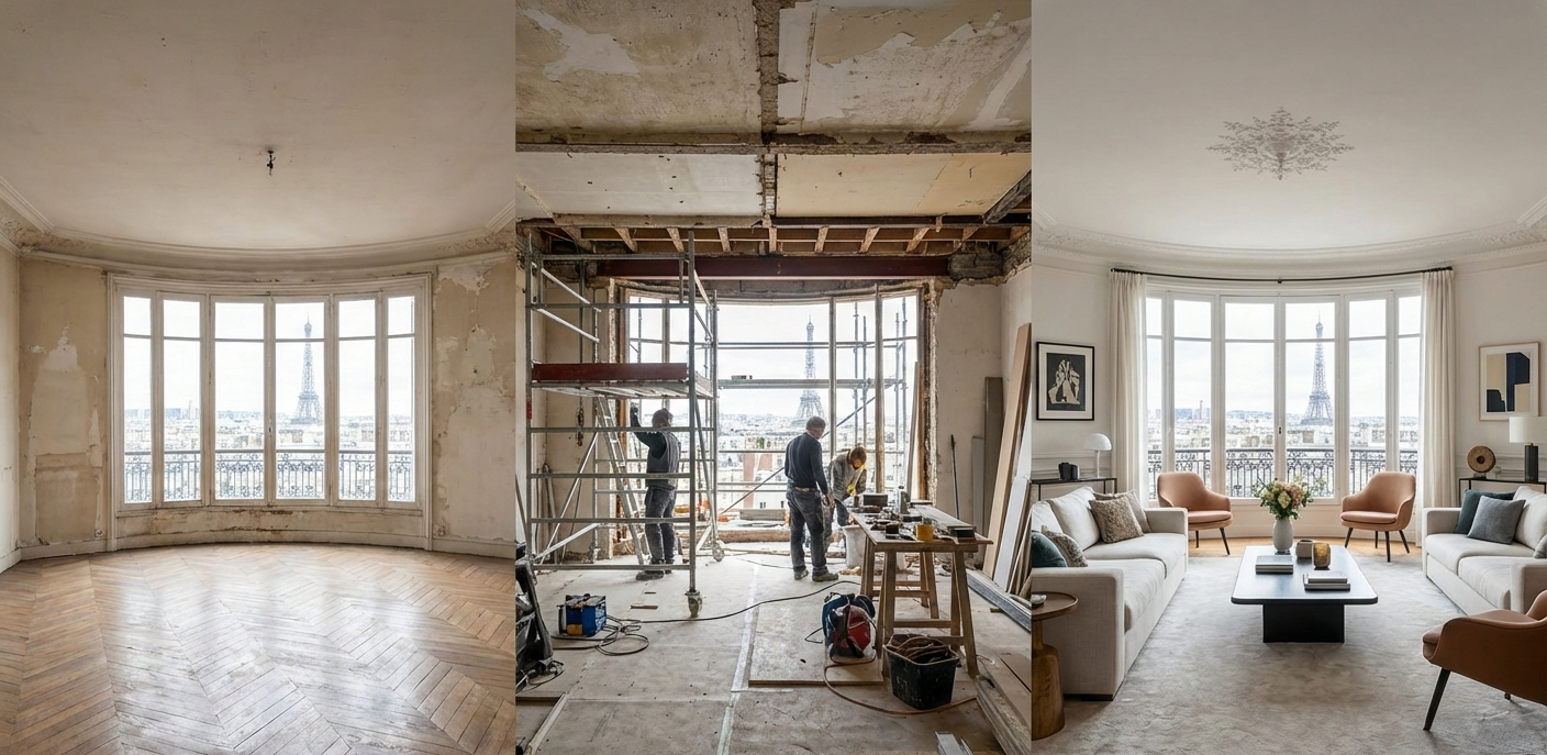 Rénovation avant après appartement Paris - Mise en scène et valorisation PNW Partners