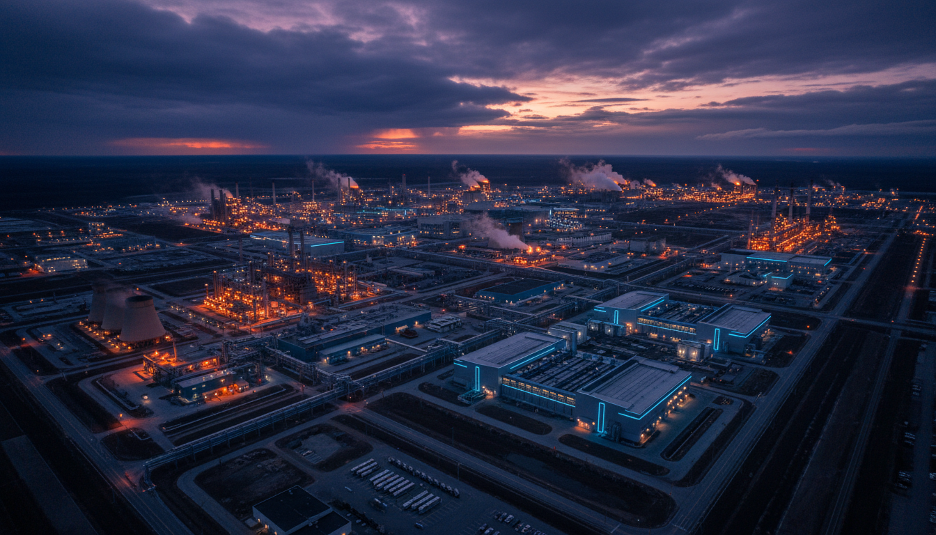 Aerial view of industrial complex at twilight