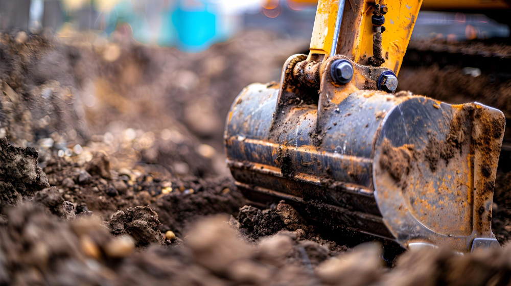 Excavator working in field