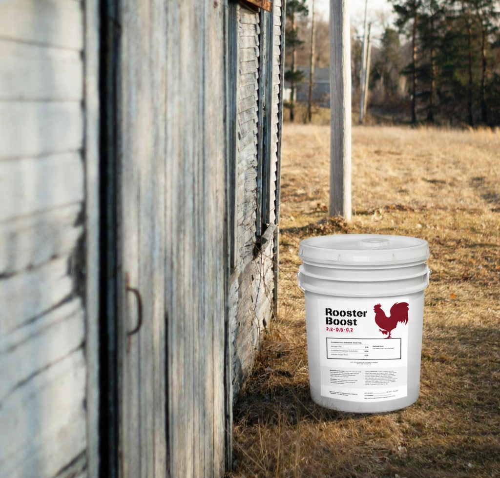 Rooster Boost premium fish-derived organic fertilizer bucket