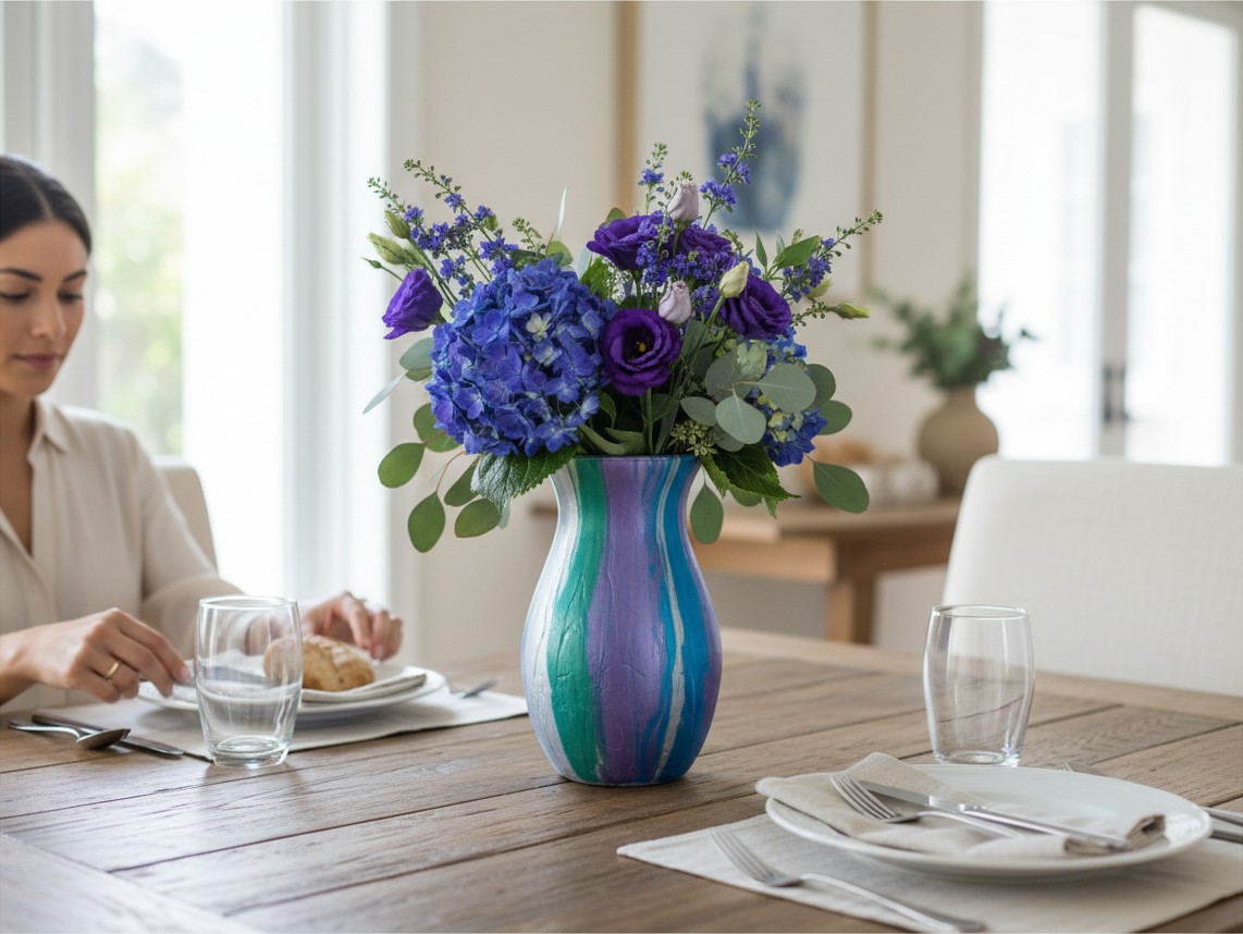 Whispers of Magic Vase - hand-painted glass vase with swirling teal, purple, and silver marbled finish filled with blue hydrangeas and purple blooms on a rustic dining table