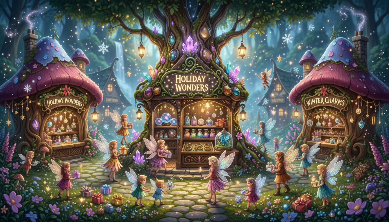 Seasonal & Holiday Magic — fairies selling holiday gifts in an enchanted forest clearing of tree shops