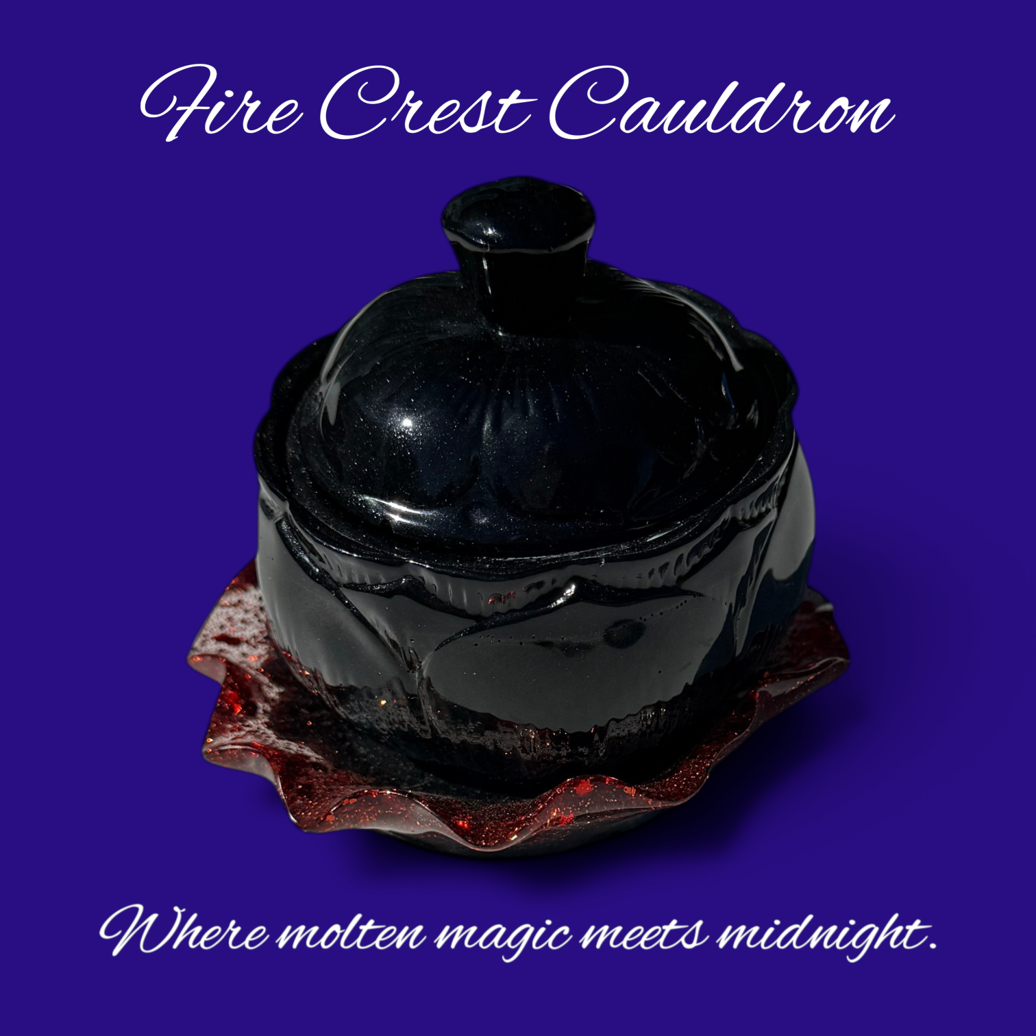 Fire-Crest Cauldron - glossy midnight-black cauldron with lid on a molten ruby-red flame crest base against a deep indigo background