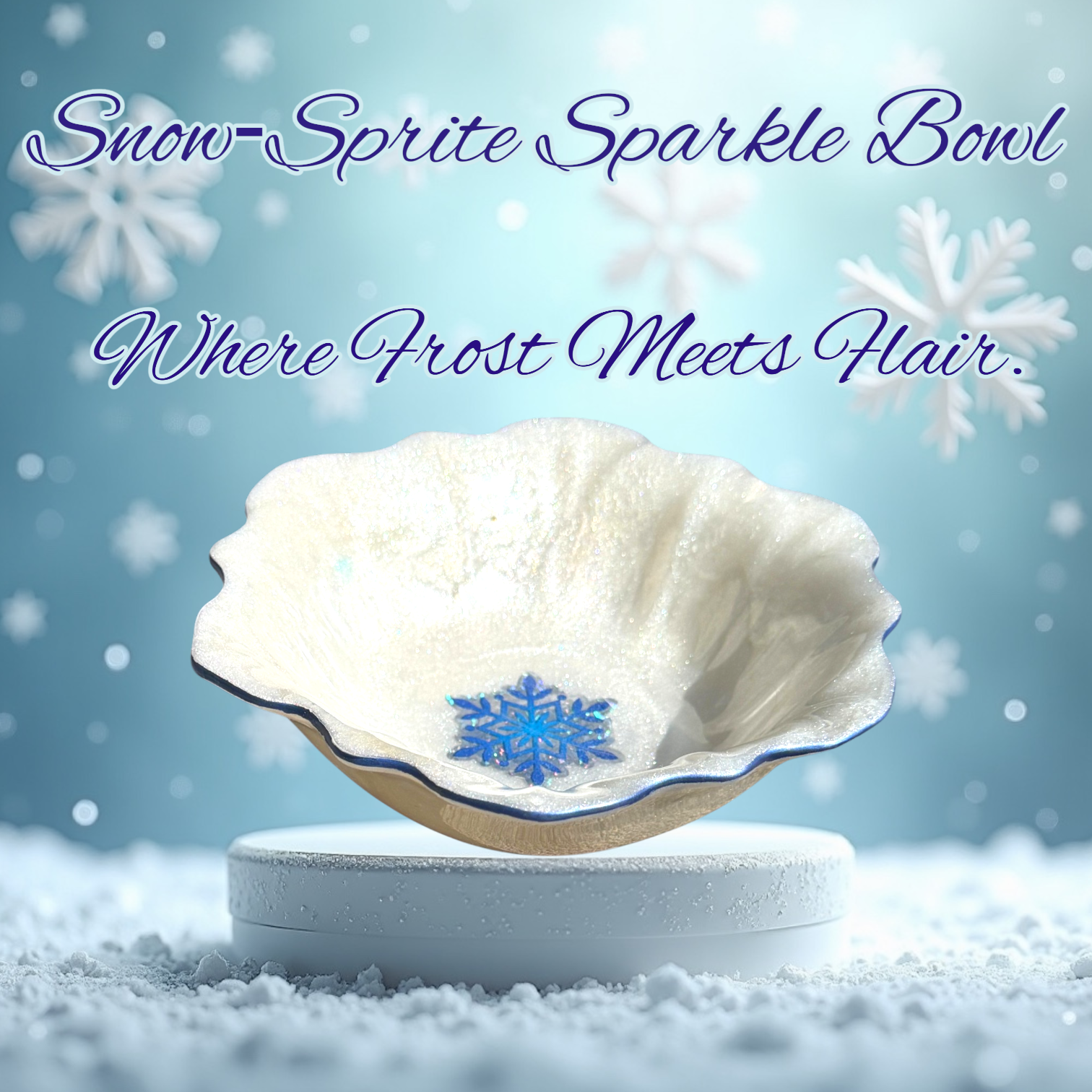 Snow-Sprite Sparkle Bowl - frosty iridescent trinket dish with a blue snowflake design on a white pedestal