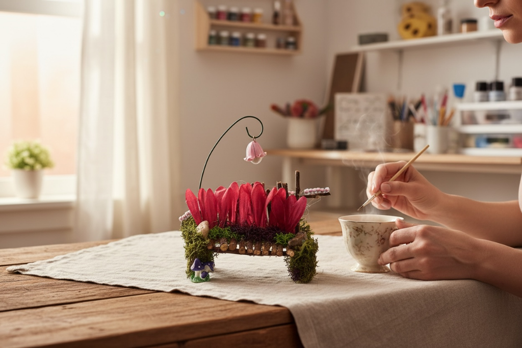 Pink fairy bench with red petals and moss being hand-painted in a cozy craft studio