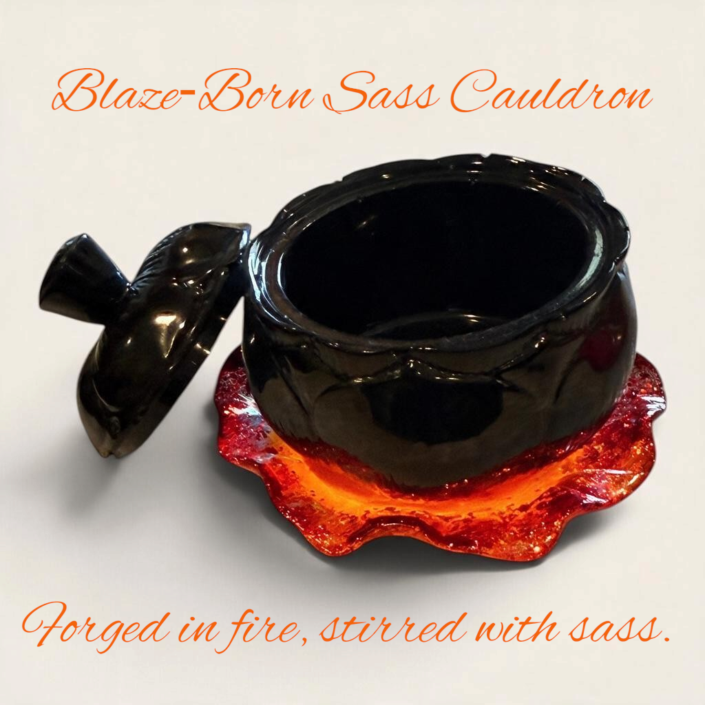 Blaze-Born Sass Cauldron - glossy black cauldron with lid on a molten red-orange flame tray against a pale background