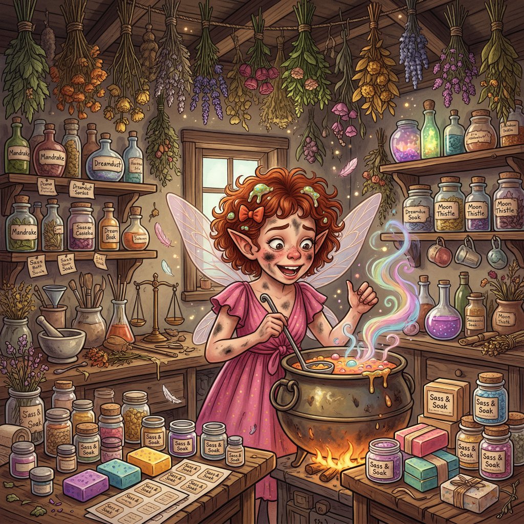 Sassy the fairy brewing magical potions in her apothecary workshop