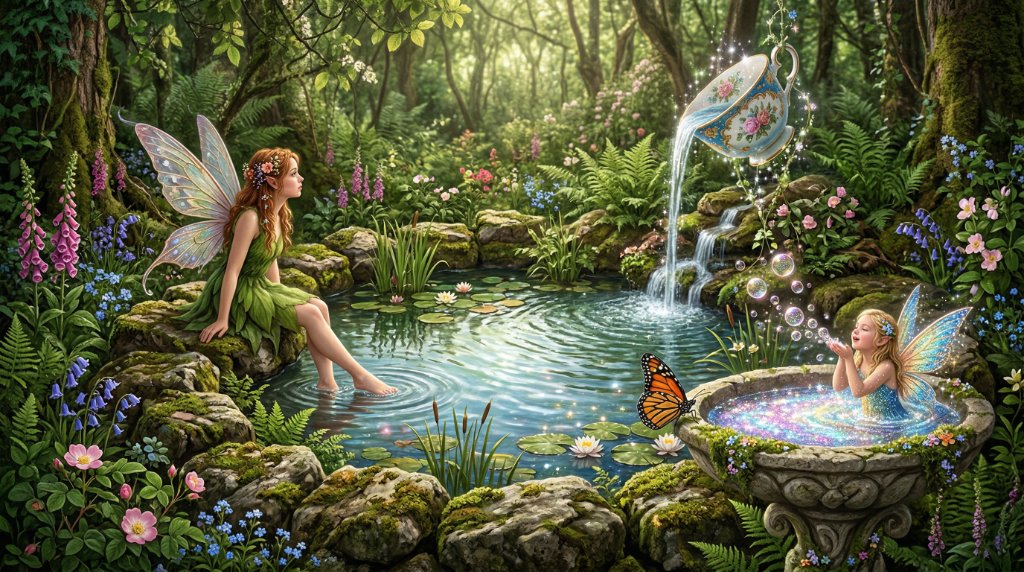 Whimsical fairy scene with enchanted garden pond and home accents