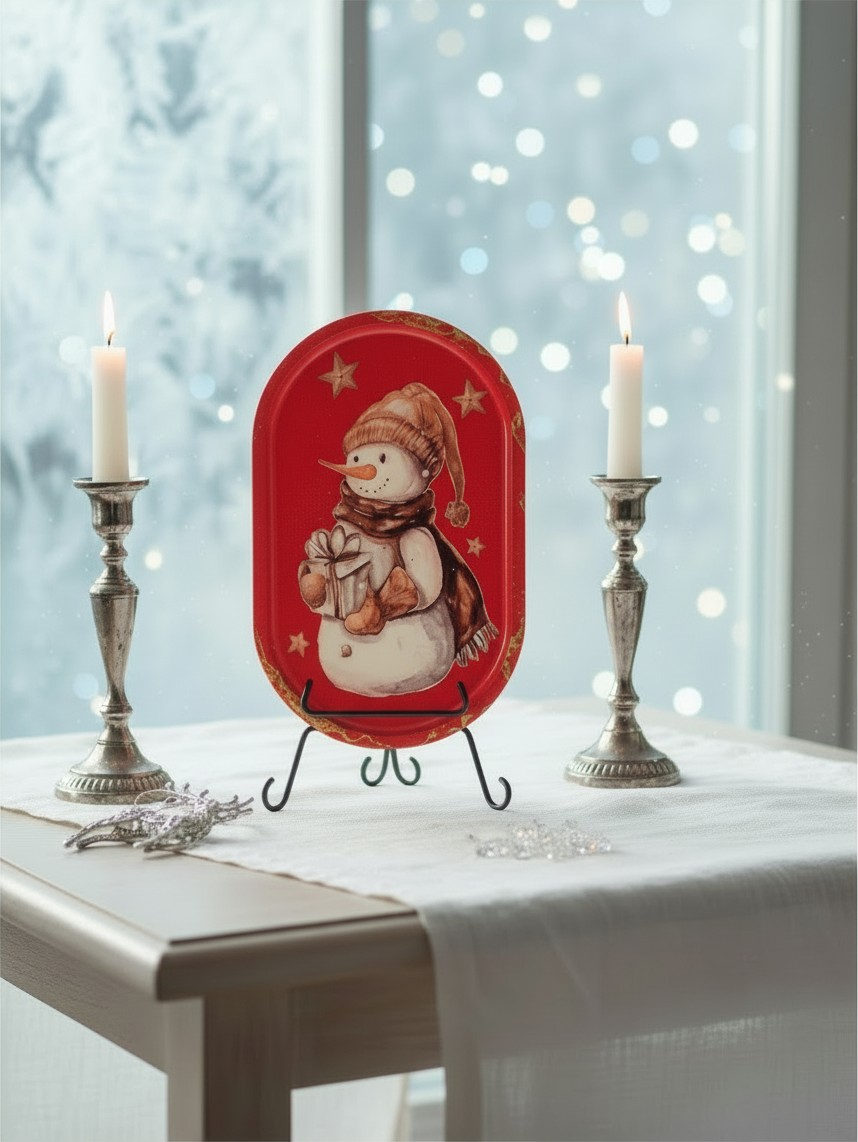 Snowman Sass Tray - red decorative tray with a whimsical snowman, gold accents, and winter-fairy sparkle