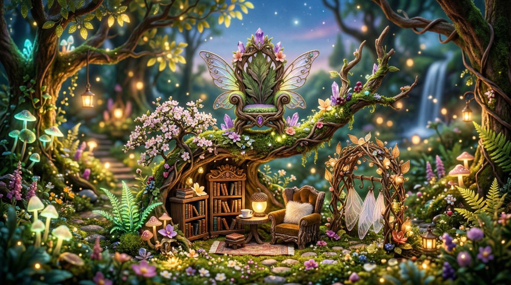 Enchanted fairy furniture scene with magical forest setting