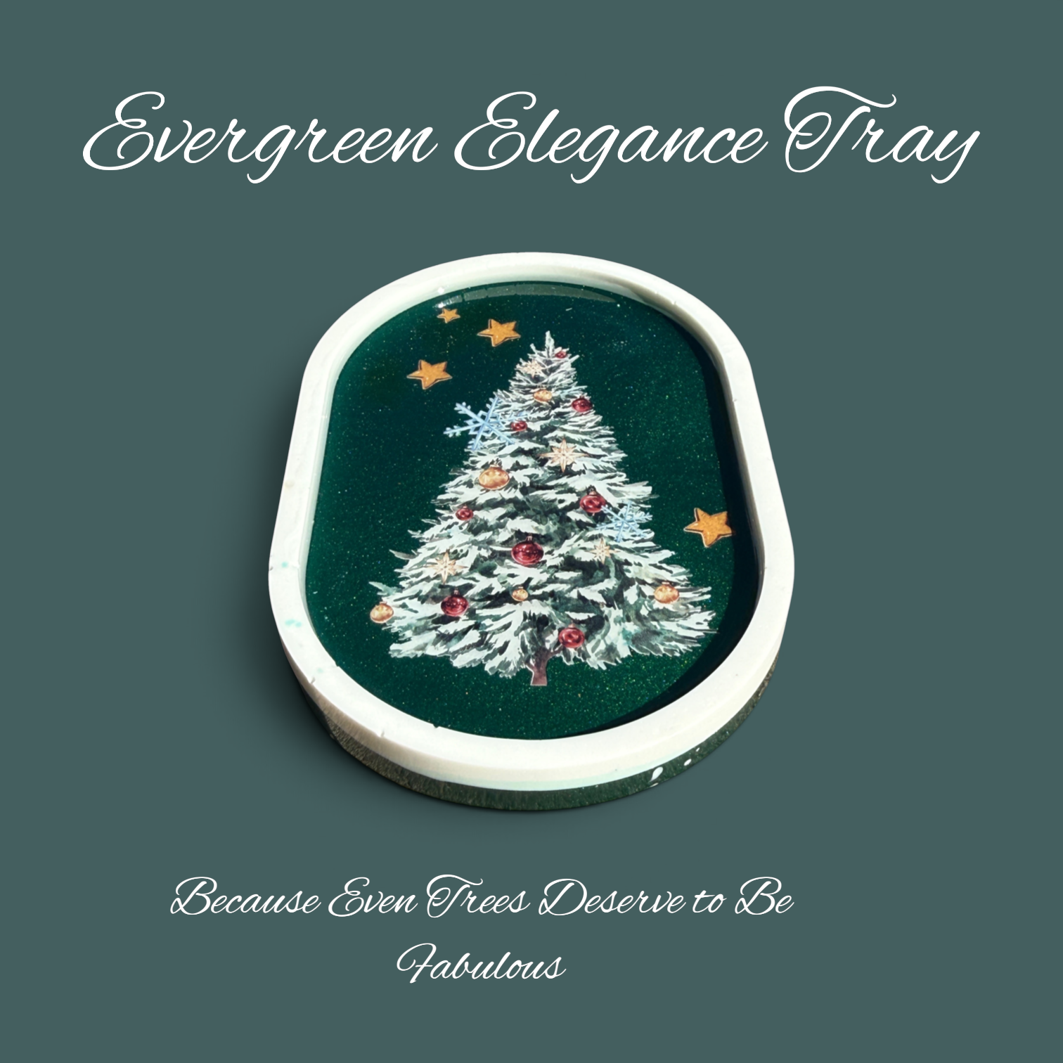 Evergreen Elegance Tray - oval tray with a hand-painted snow-covered Christmas tree, golden stars, and blue snowflake accents on a slate-green background