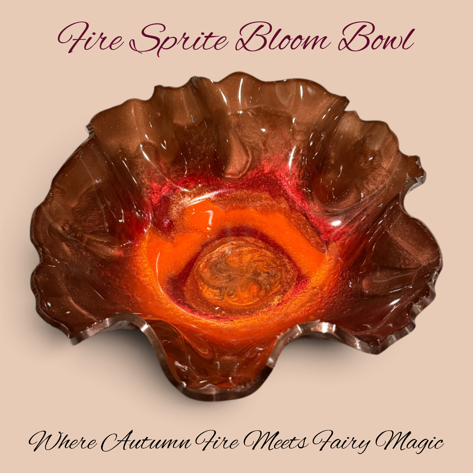 Fire-Sprite Bloom Bowl - molten autumn resin showpiece with ruffled bloom edges and ember-red hues