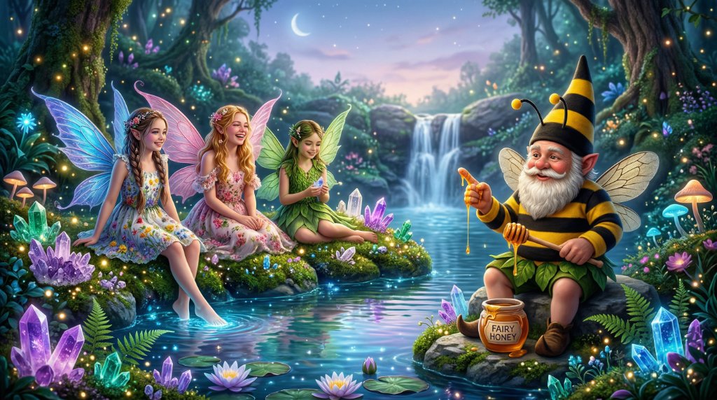 Magical fairies and gnome figurines by a enchanted forest pond