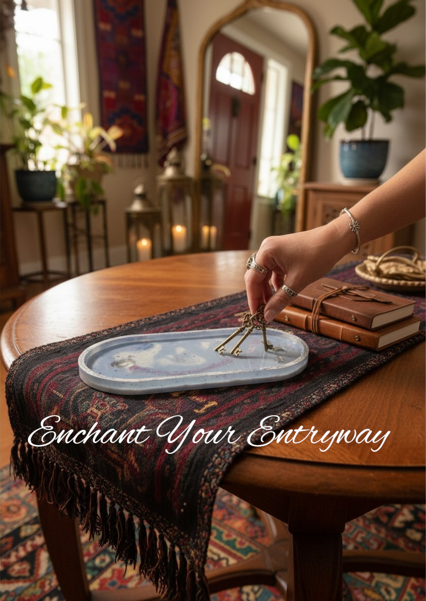 Celestial Moon Tray - periwinkle jesmonite moon tray with silver shimmer holding antique keys on a rustic table