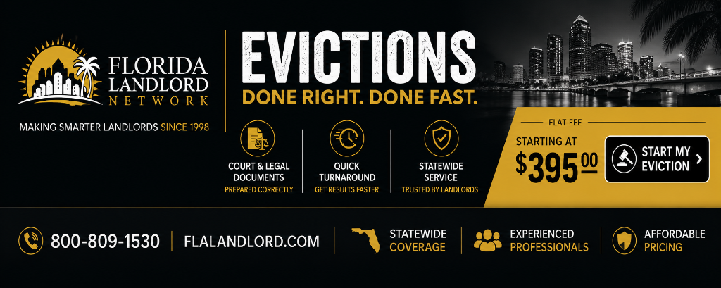 Florida Landlord Network — Evictions Done Right. Done Fast. Flat fee starting at $395.00. Call 800-809-1530. FLALandlord.com. Statewide coverage.
