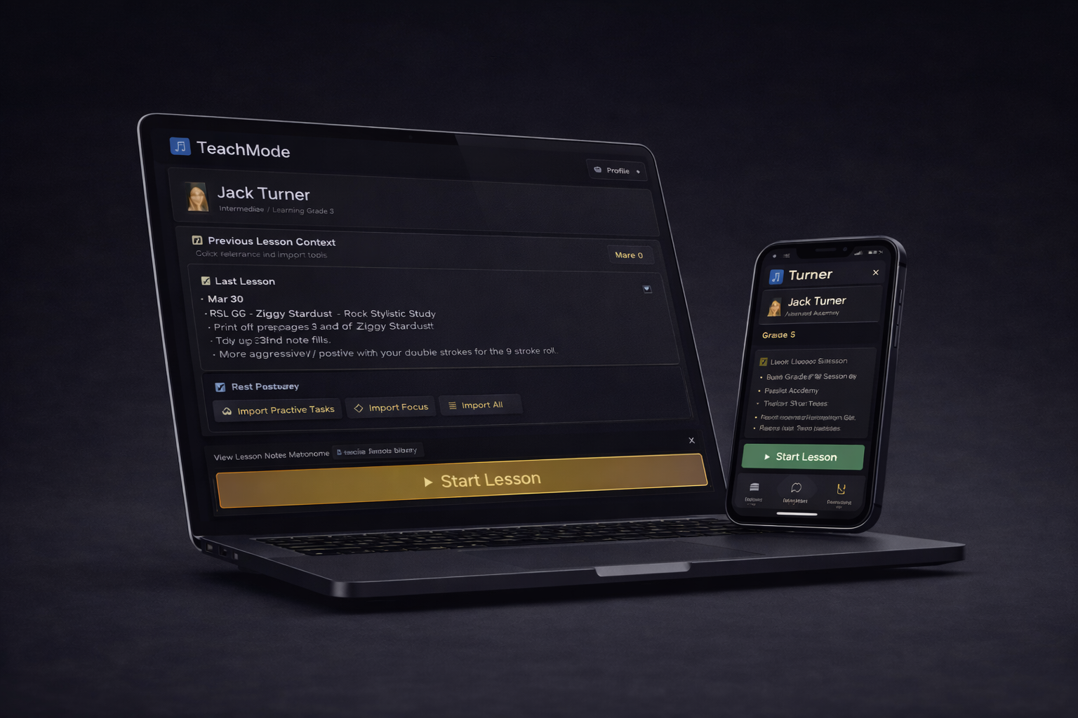 TeachMode app interface showing lesson planning, student tracking and finance features