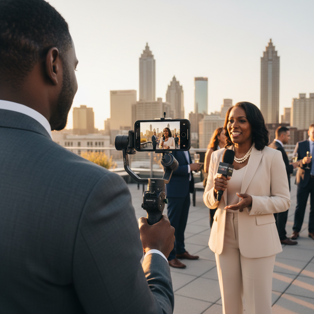 POV behind suited filmmaker with iPhone rig filming Black professional in Atlanta