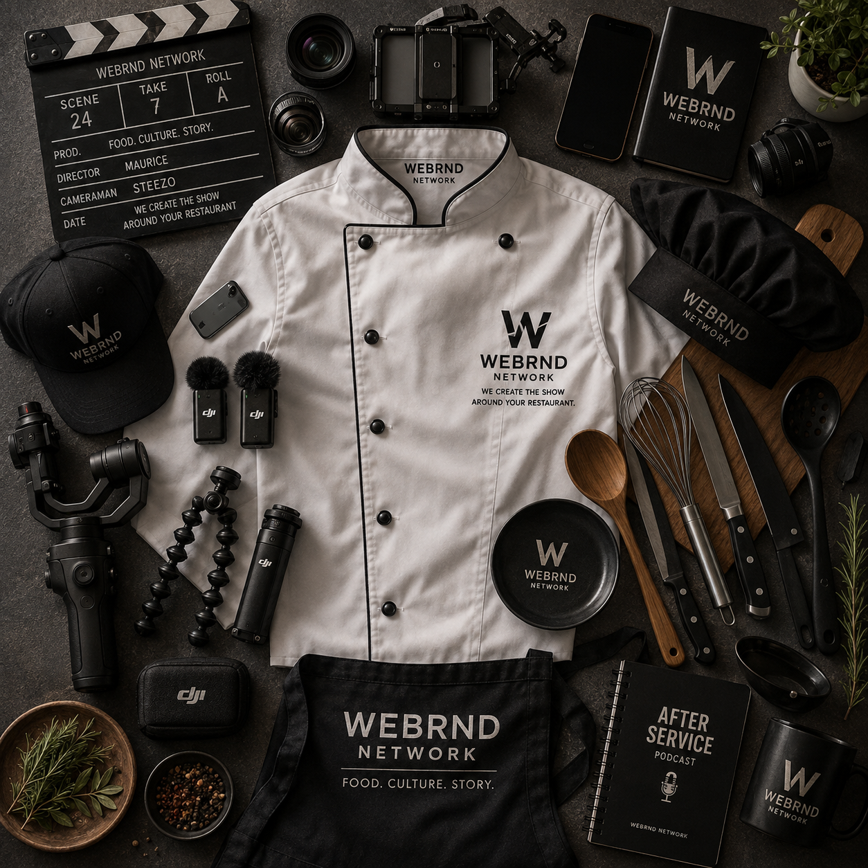 Webrnd Network branded chef coat and production gear flat lay