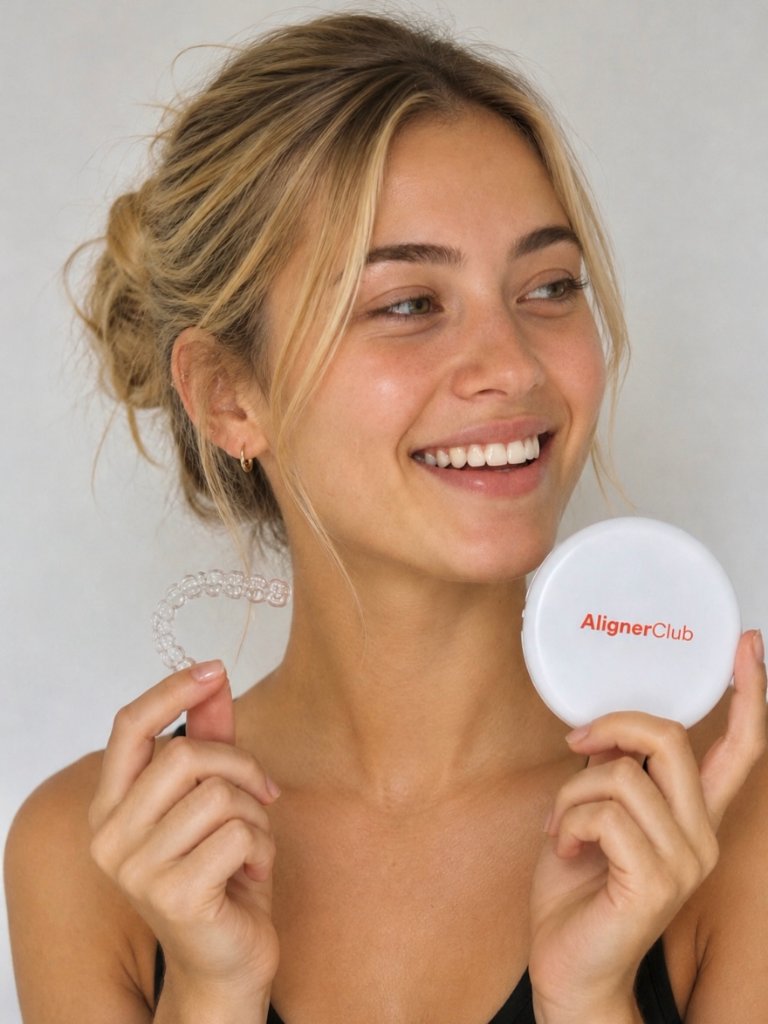 Happy AlignerClub patient holding her clear aligner and case