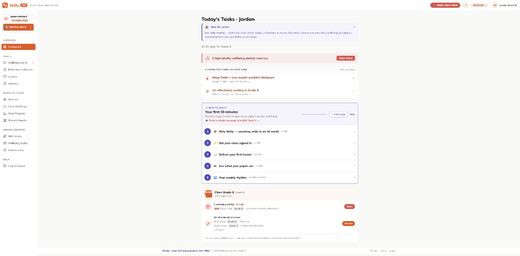 Skilly teacher dashboard showing daily tasks and wellbeing alerts