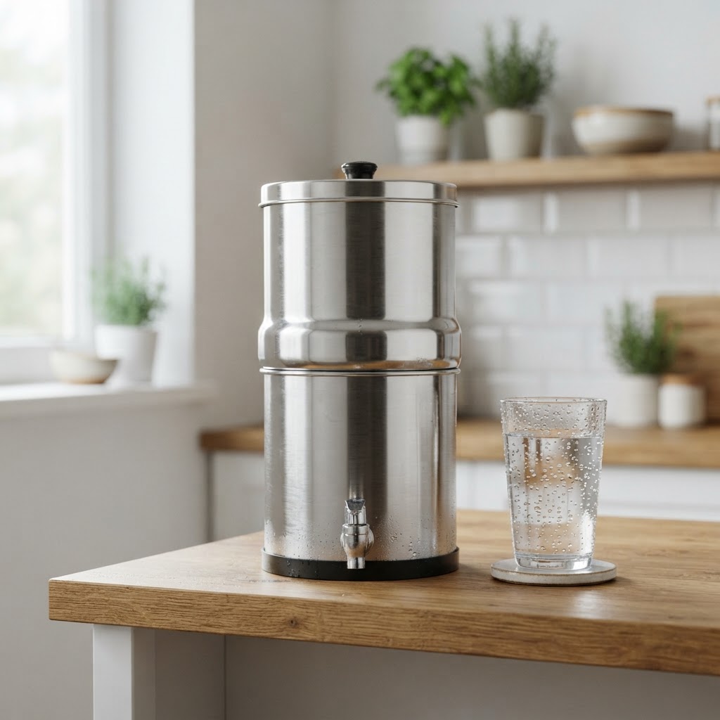 Gravity water filter on a kitchen counter
