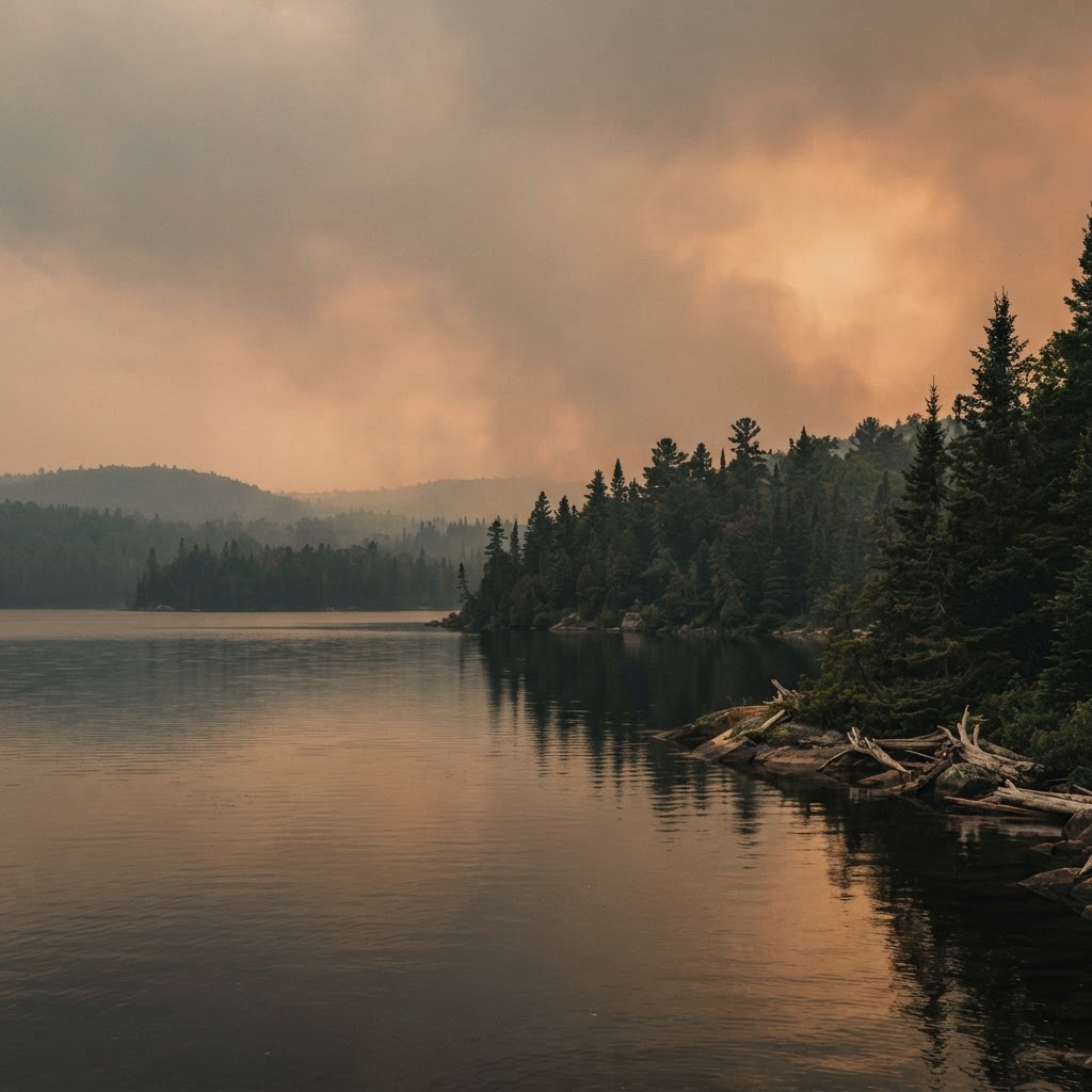 Canadian wildfire smoke over a wilderness lake