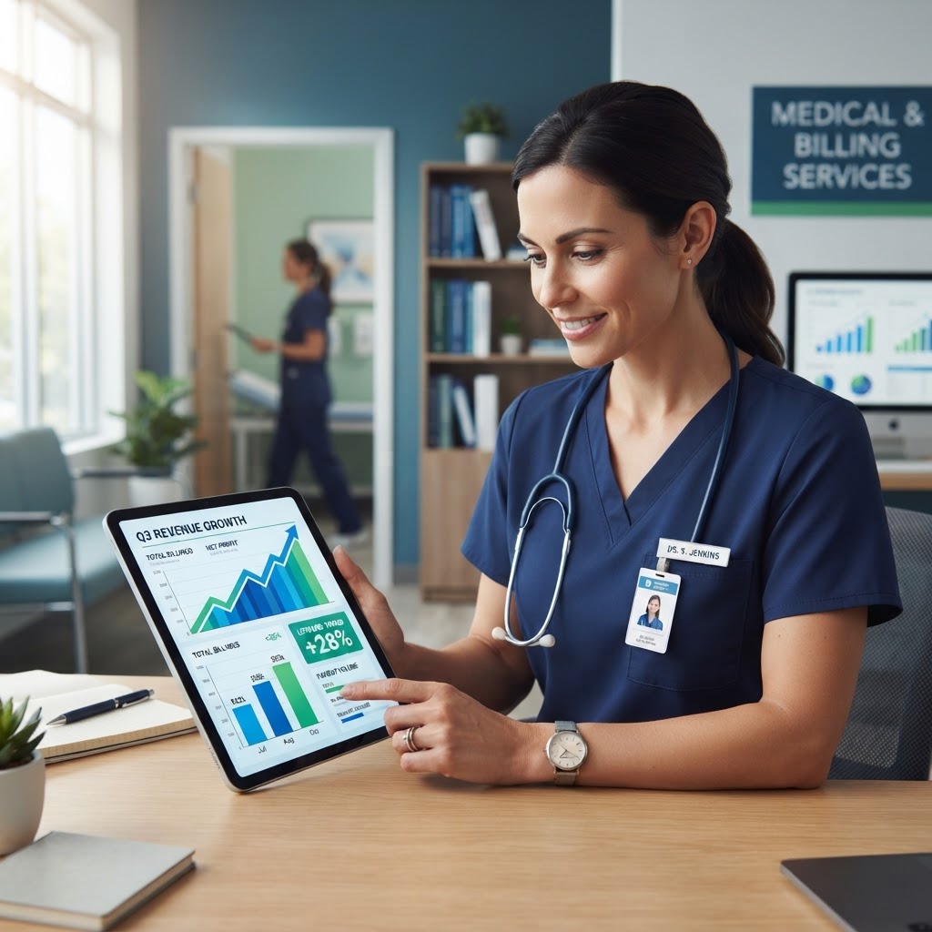 Physician reviewing revenue growth charts