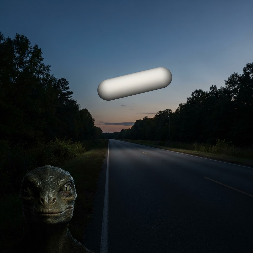 White tic-tac shaped UFO craft with an alien face visible