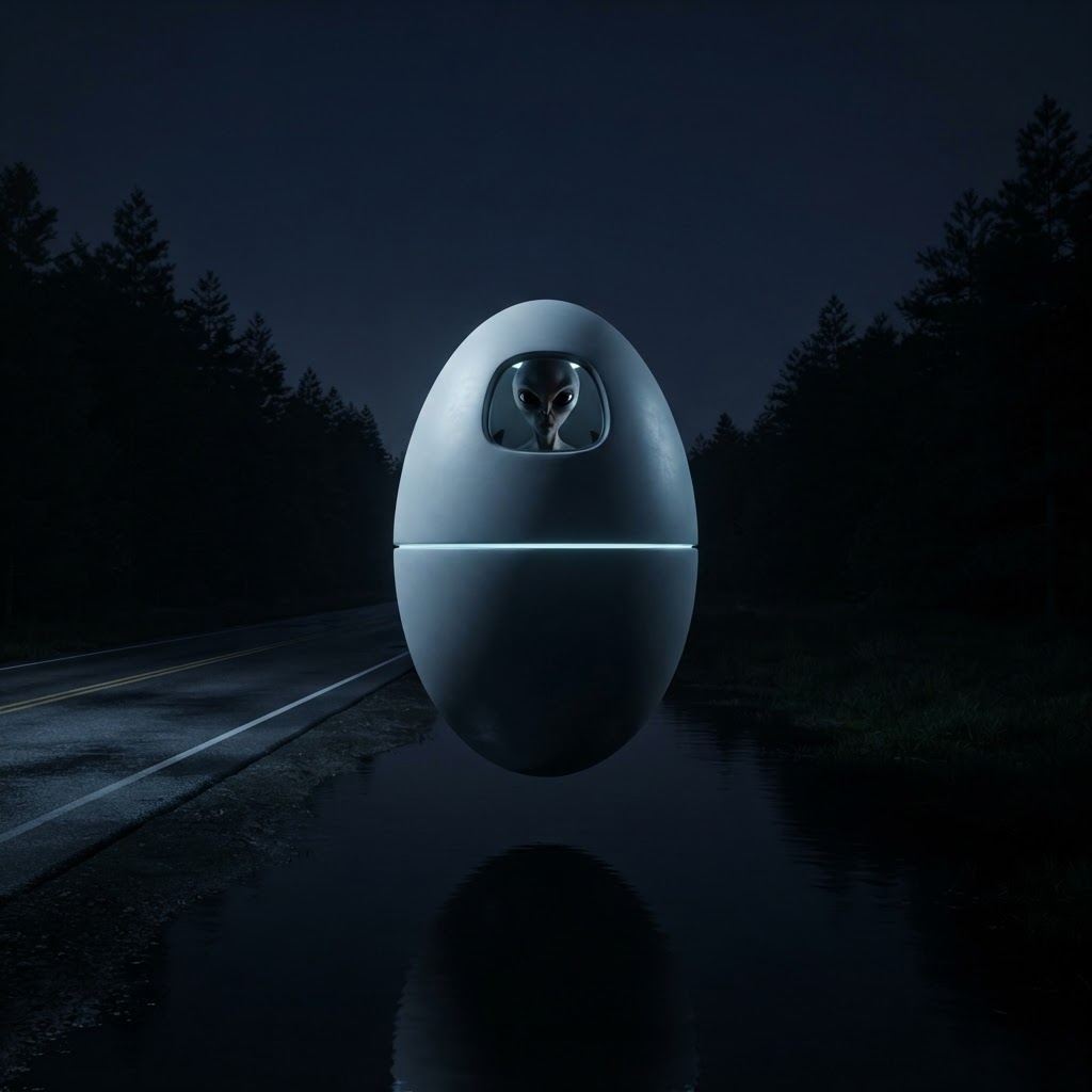 Egg-shaped UFO pod craft with an alien face visible