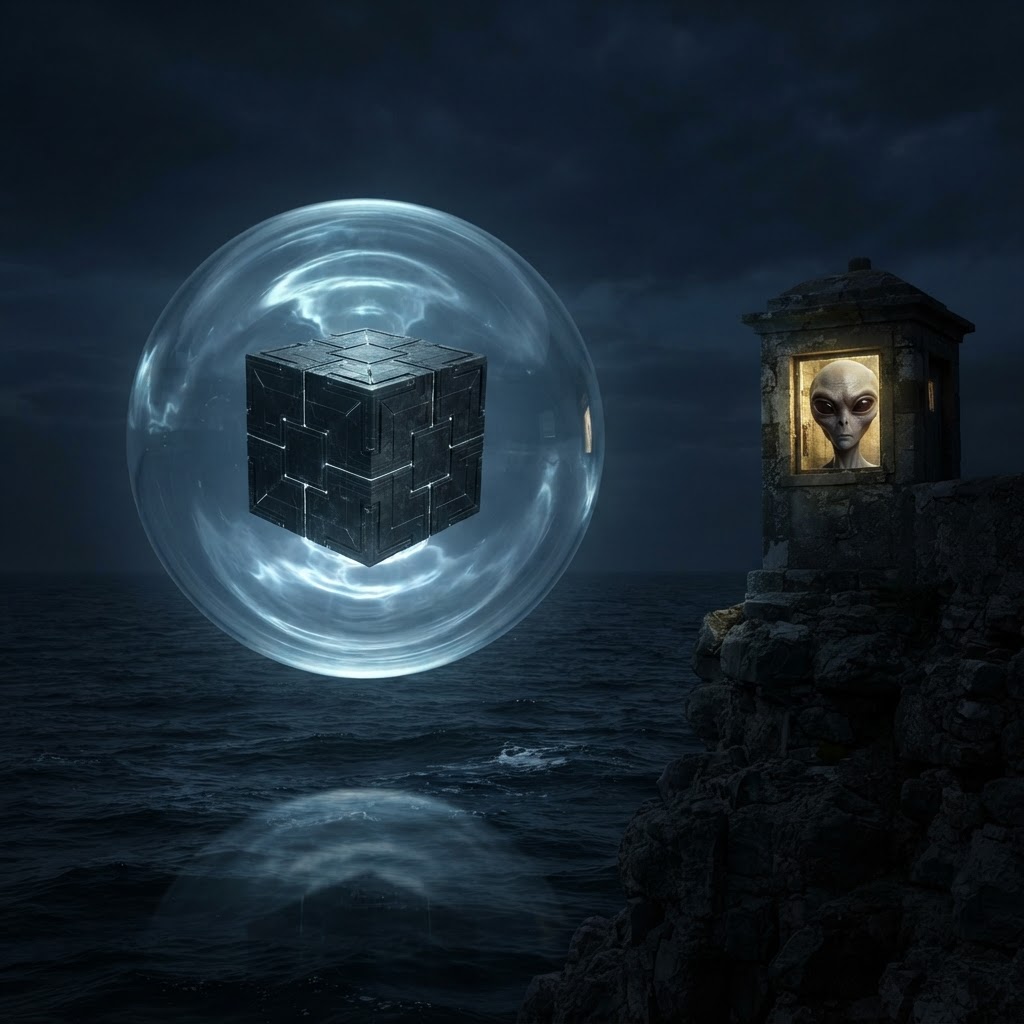Cube encased in a glowing sphere UFO craft with an alien face visible