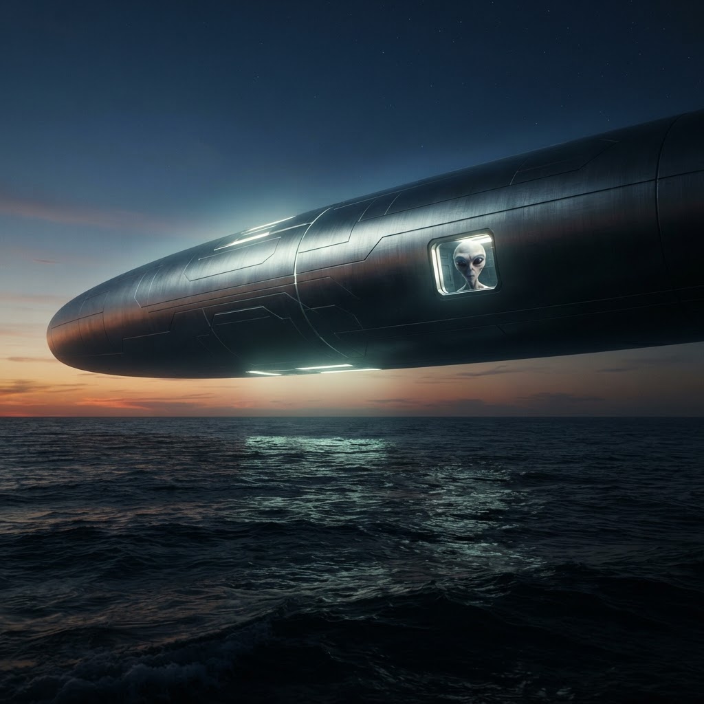 Cigar-shaped cylindrical UFO mothership with an alien face visible in a window