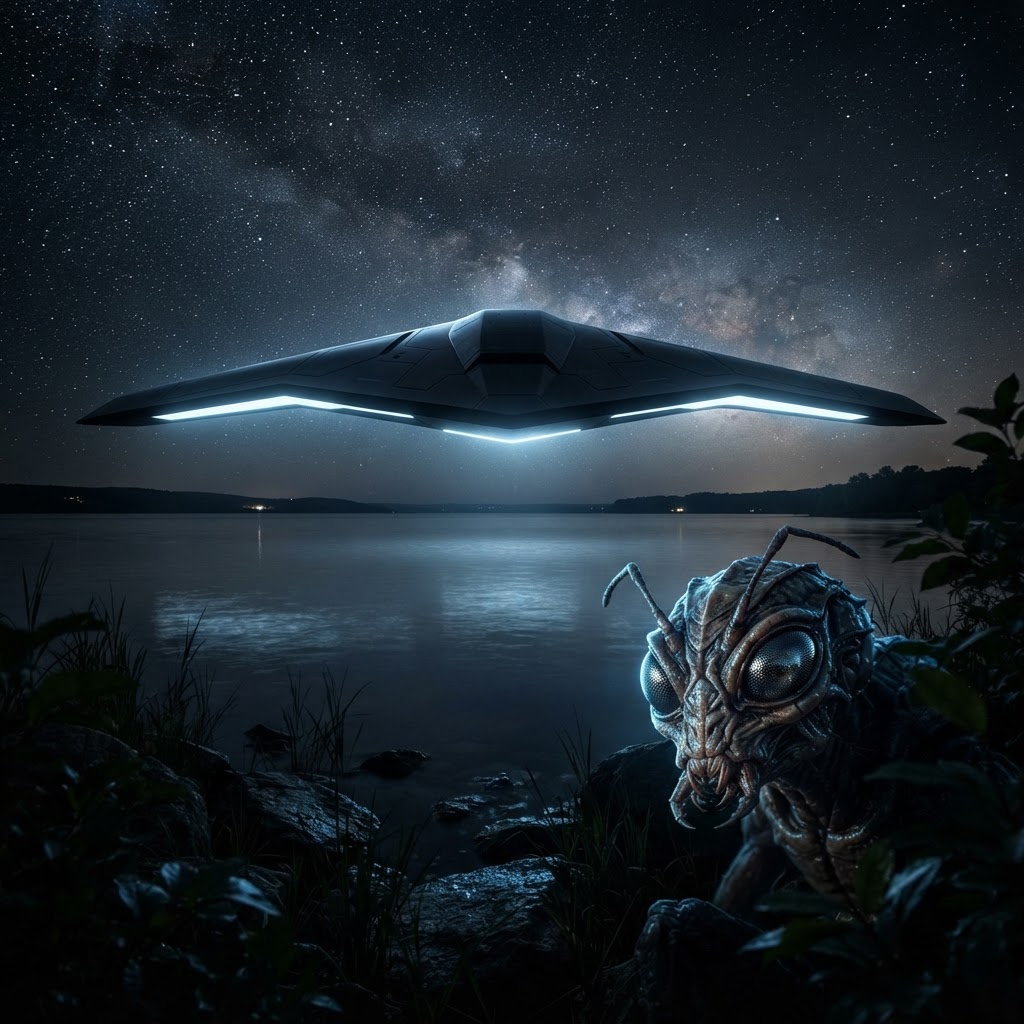 Boomerang wing-shaped UFO craft with an alien face visible
