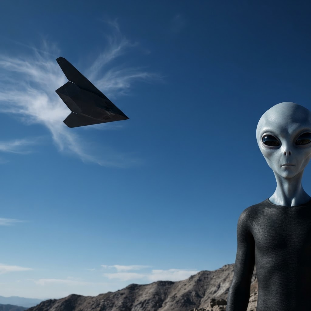 Delta arrow-shaped stealth UFO craft with an alien face visible