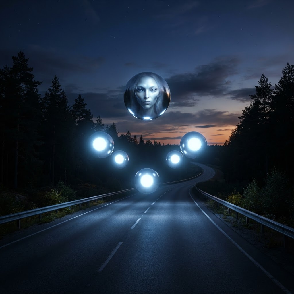 Glowing spherical UFO orbs in formation with an alien face reflected