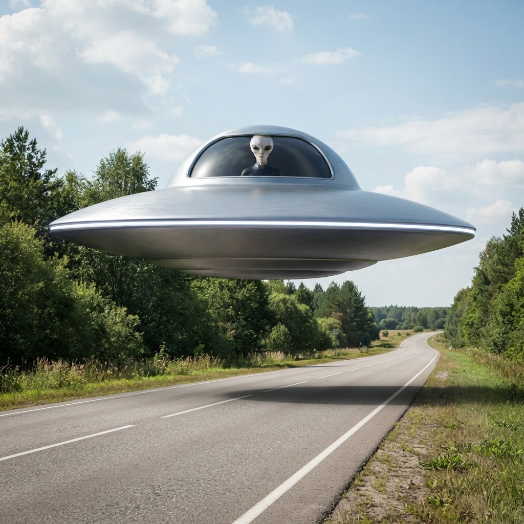 Disc-shaped UFO craft with an alien face visible in the cockpit