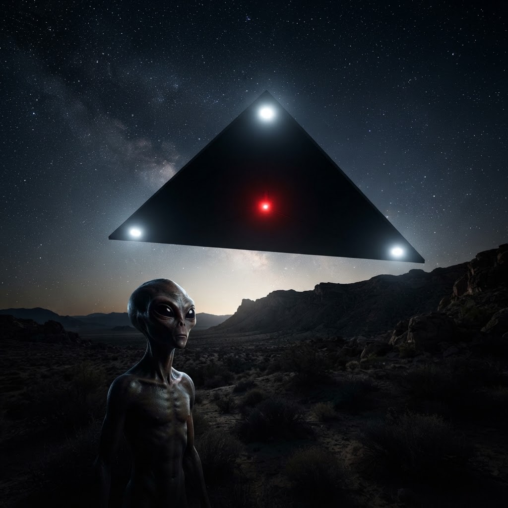 Black triangular UFO craft with an alien figure visible