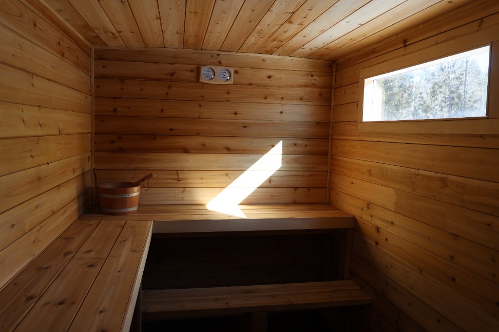 Sauna interior — cedar benches and natural light