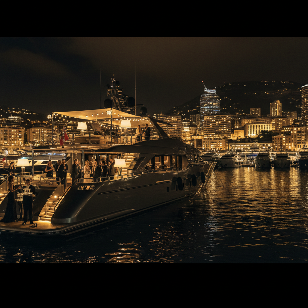 Luxurious yacht party on the Monaco Riviera at night