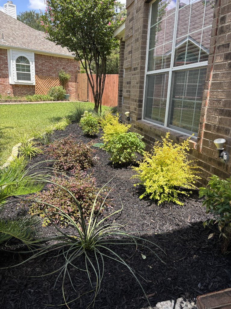 Flower bed installation with premium mulch, vibrant shrubs, and landscape lighting by Visionary Outdoor Solutions