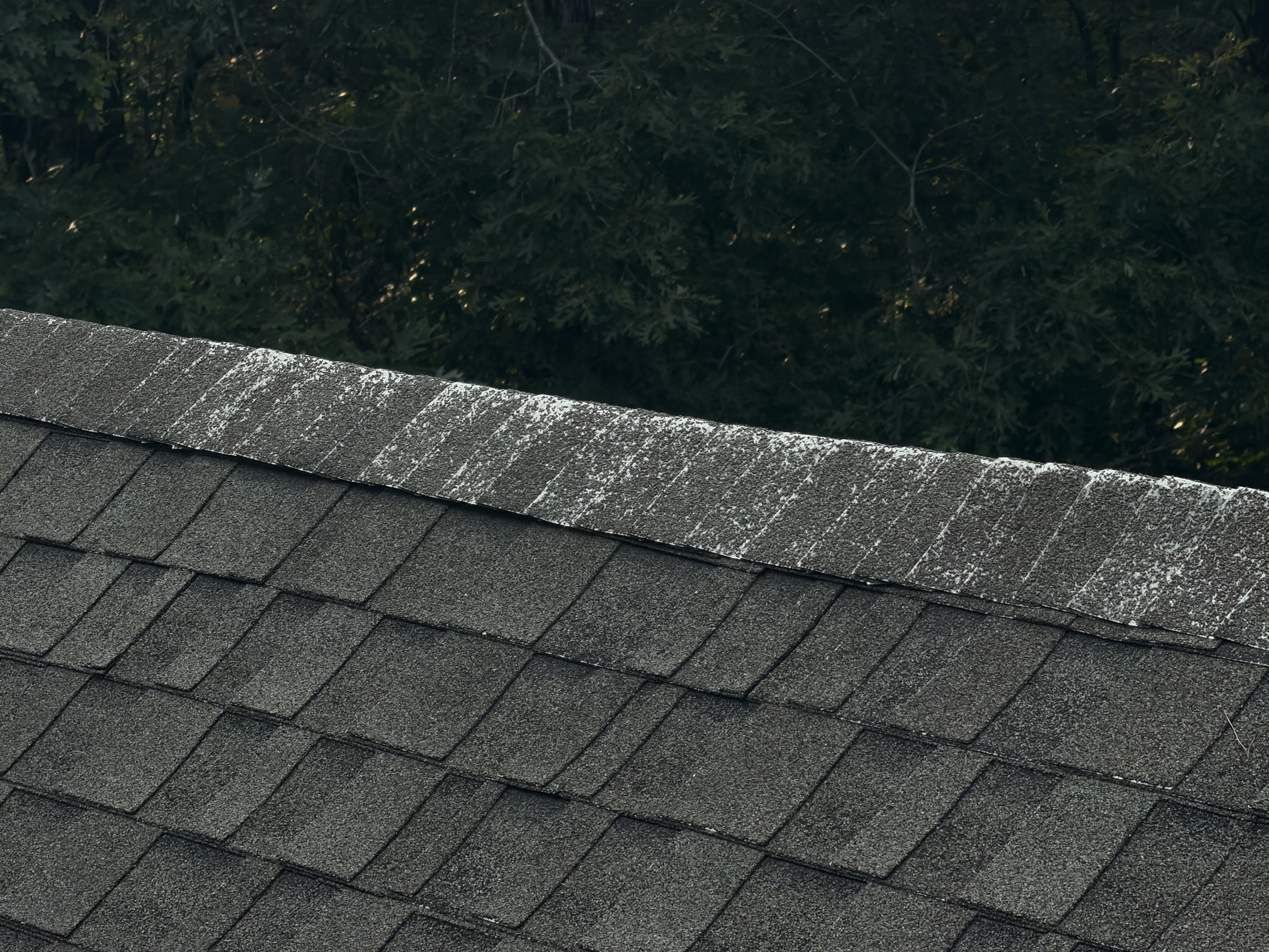 Ridge cap shingles with heavy granule loss found during a roof inspection
