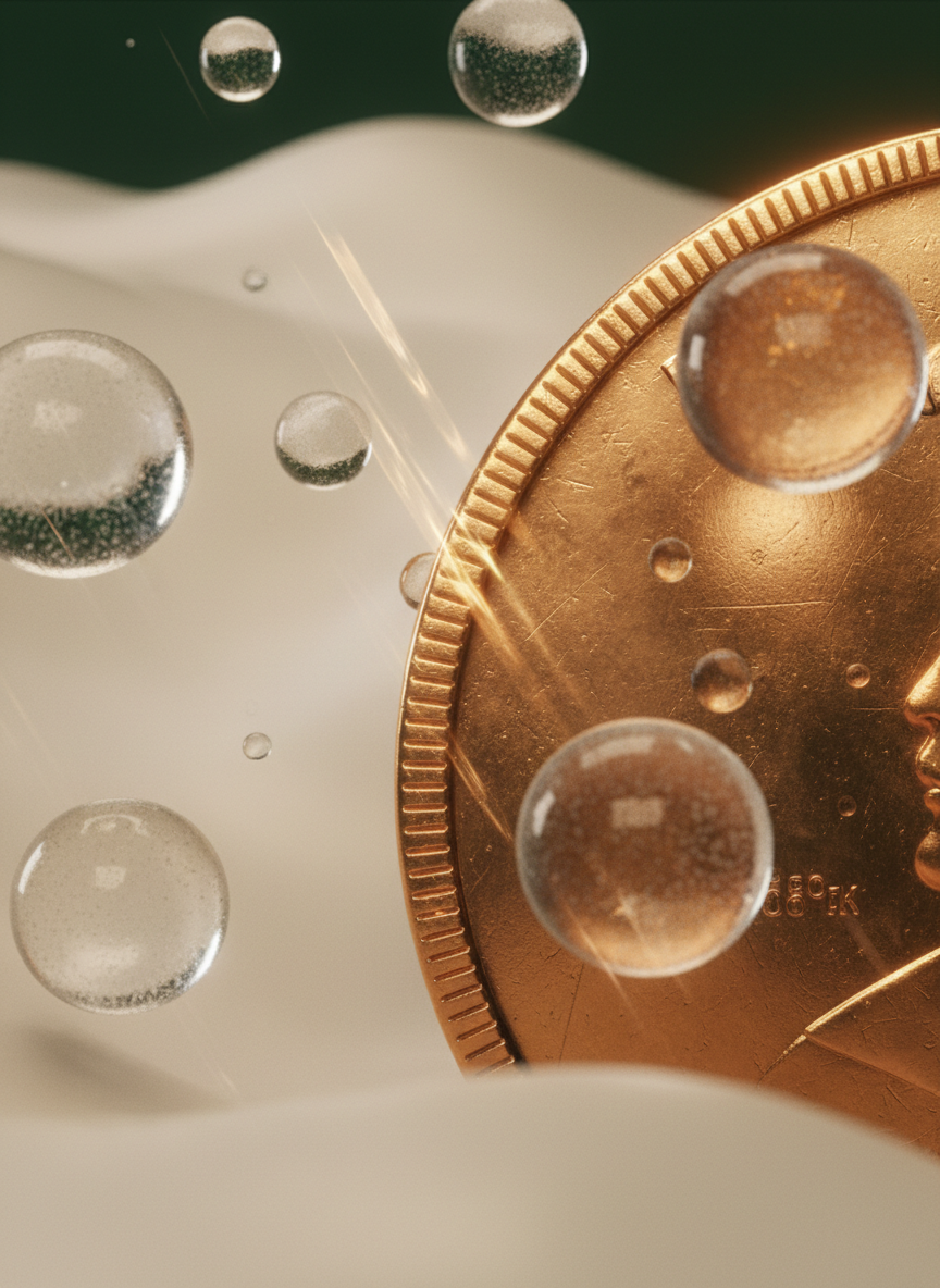 TipApp — polished bronze coin edge catching warm cinematic light through frosted glass