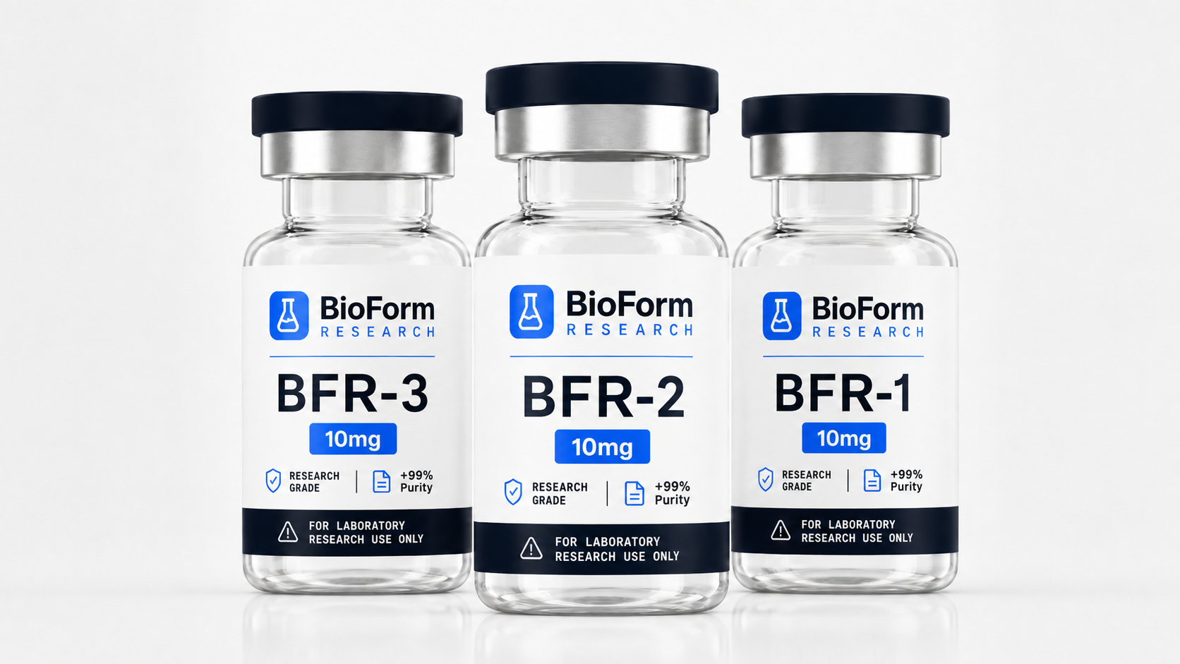 Research peptide vials in a pristine laboratory setting