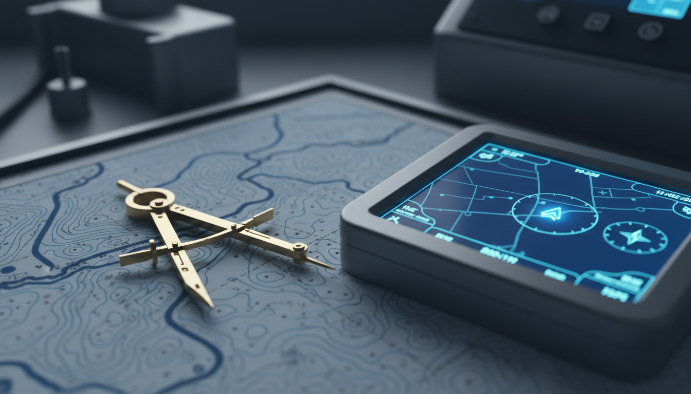 Nautical chart with brass divider and GPS navigation