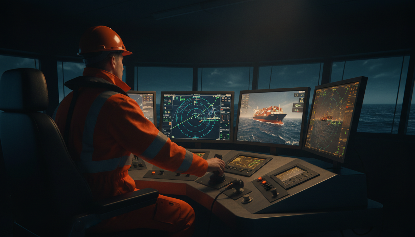 Mariner operating bridge simulator with navigation screens