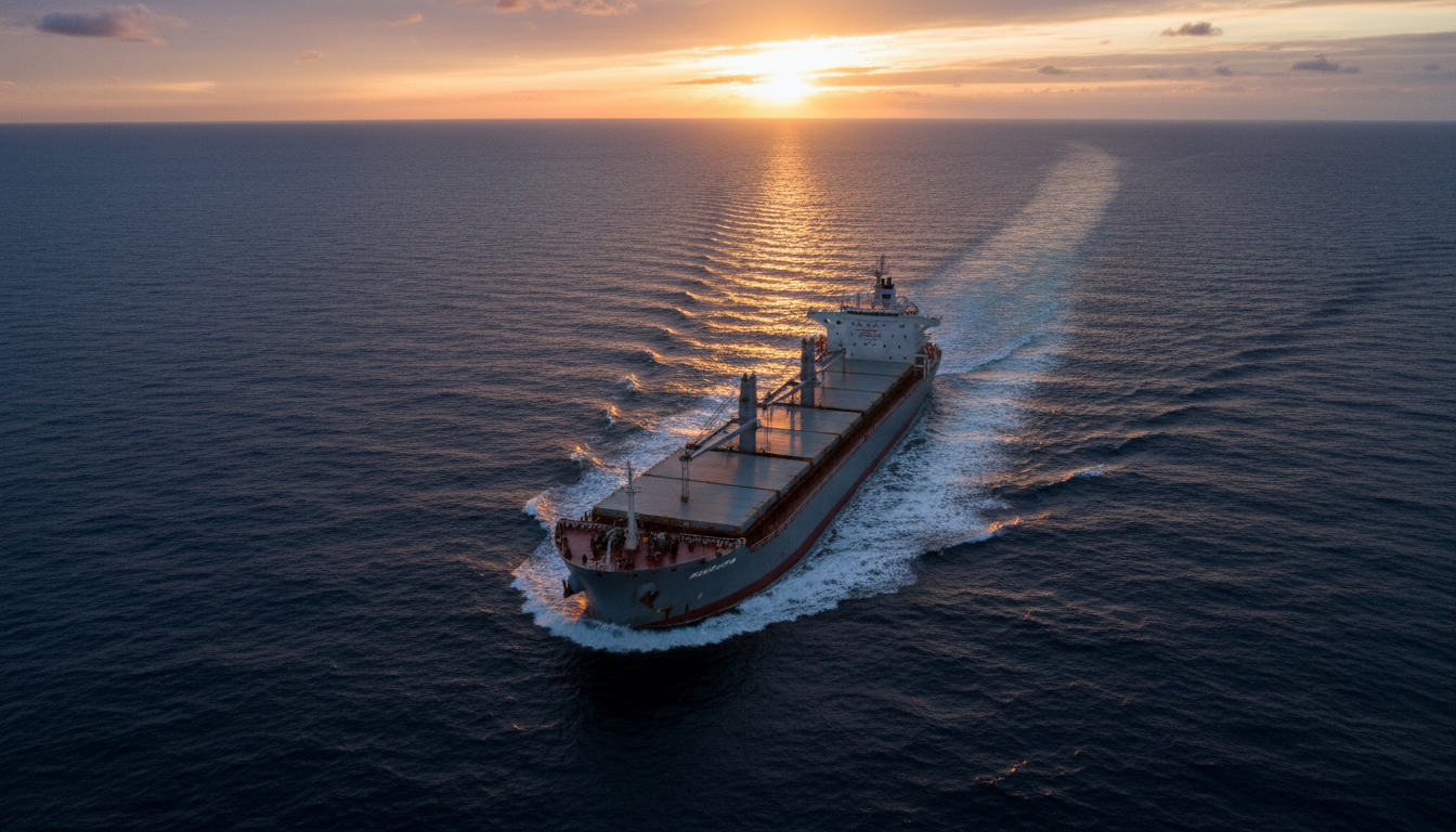 Cargo vessel cutting through ocean waters at golden hour