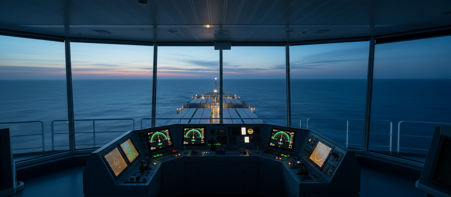 Modern vessel bridge at twilight with glowing instruments
