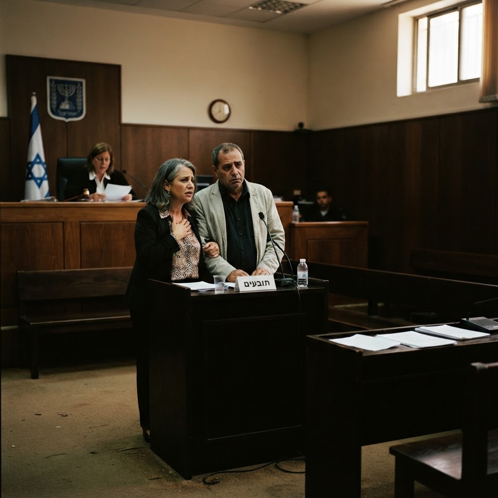 זוג מיואש עומד לבד בבית משפט לתביעות קטנות מול שופט