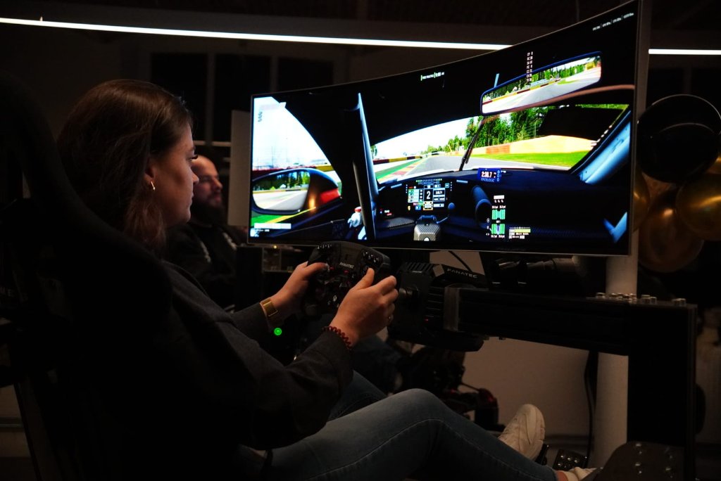Racing simulator cockpit with dramatic lighting