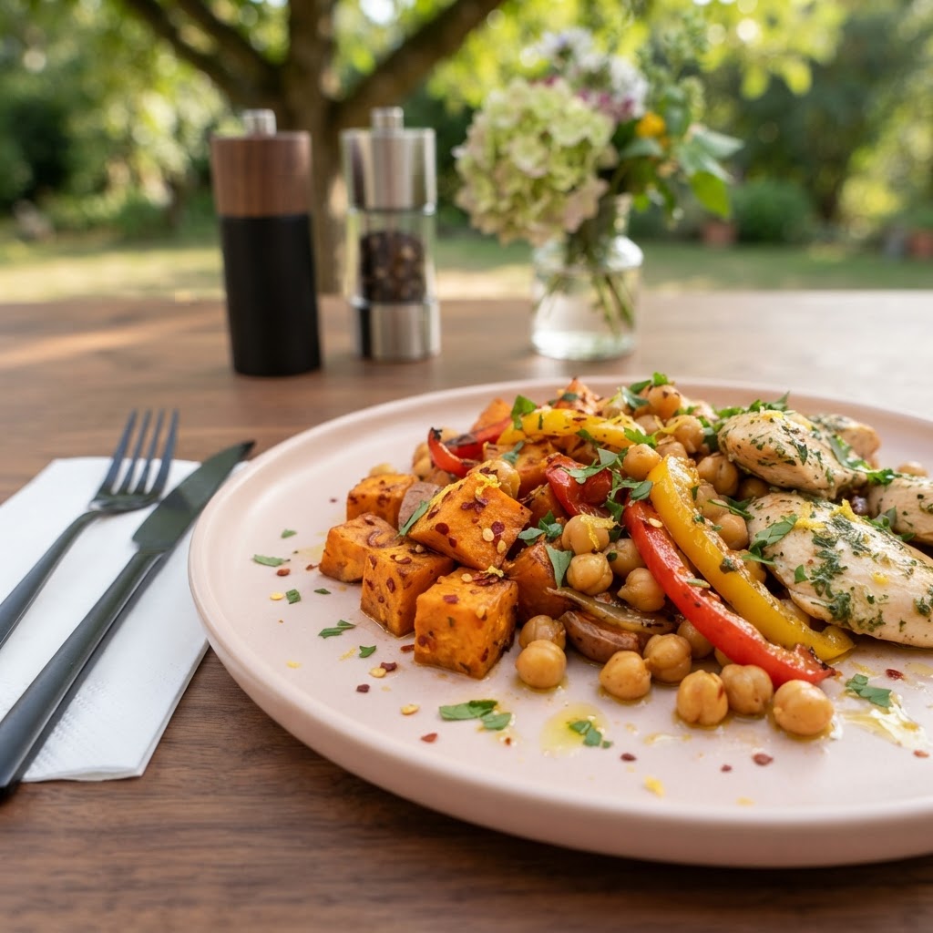 Würzige Knoblauch Ofen-Blech mit Süsskartoffeln, Kichererbsen und zarter Pouletbrust