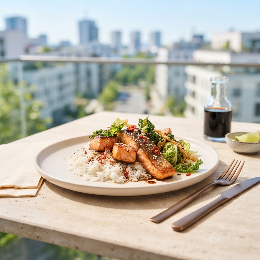 Lachs-Reis-Pfanne mit knusprigem Wirsing
